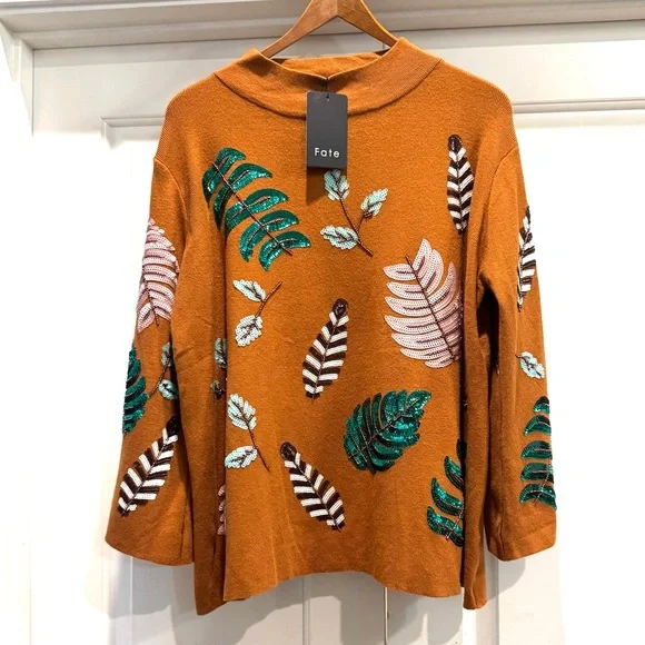 Fate | Womenβs Boho Style Orange Leaf Pattern Sweater w/ Wide Sleeves | L | NWT - Picture 7 of 7